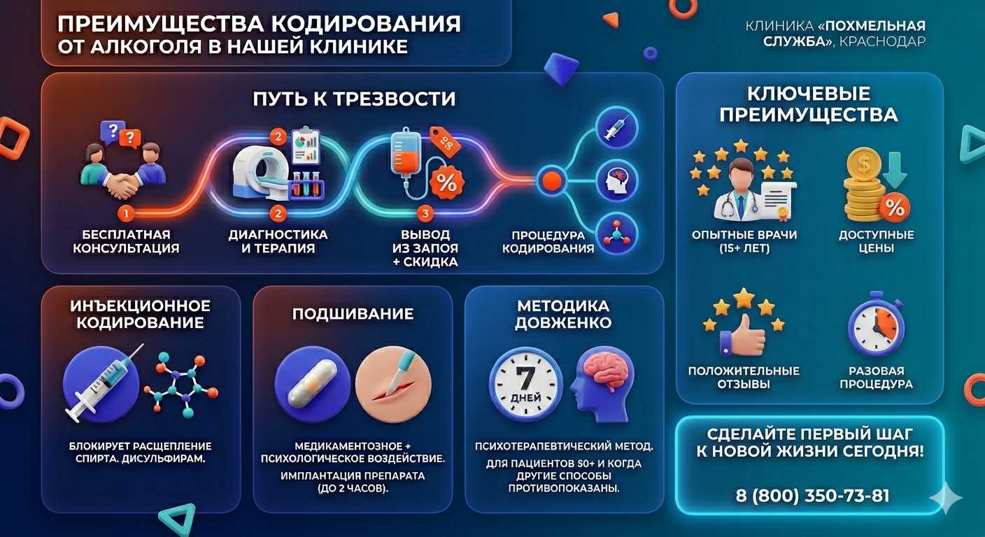 Инфографика о методах кодирования от алкоголя в Ржеве: инъекции, подшивание, метод Довженко. Преимущества клиники и этапы лечения.